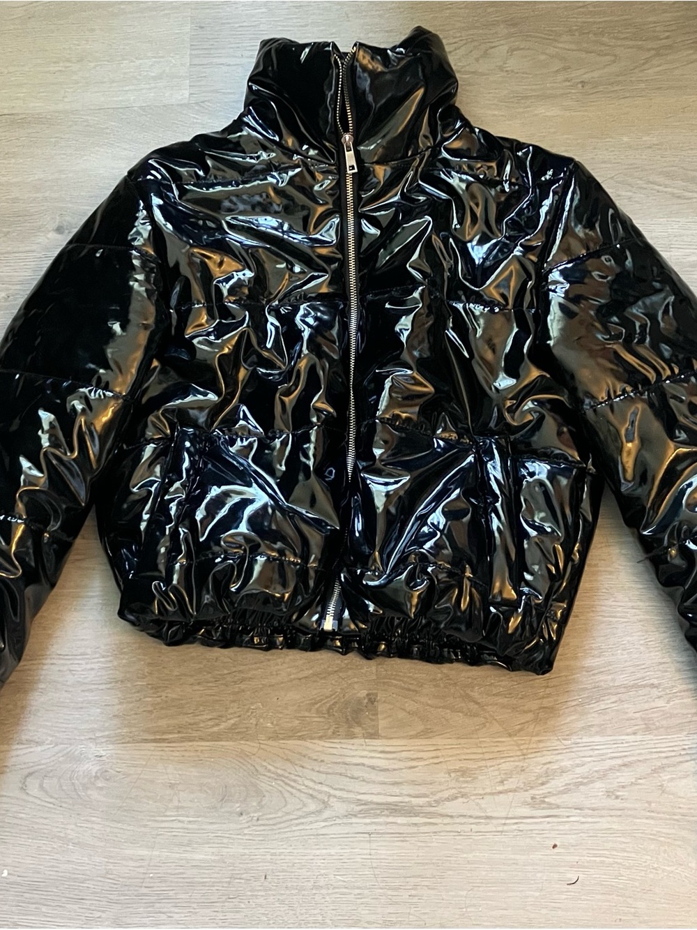 Women's Glossy Black Patent Puffer Jacket - High Shine Winter Coat